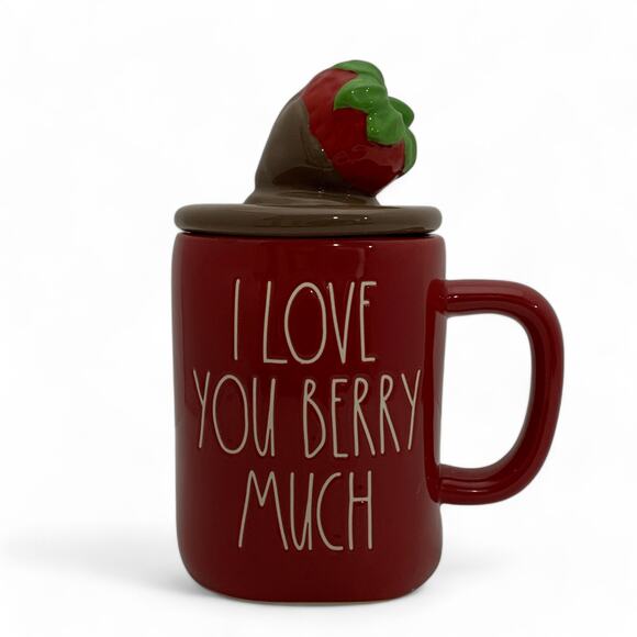 RAE DUNN "I LOVE YOU BERRY MUCH" Lidded Mug Chocolate Strawberry Valentines Day - Picture 1 of 9